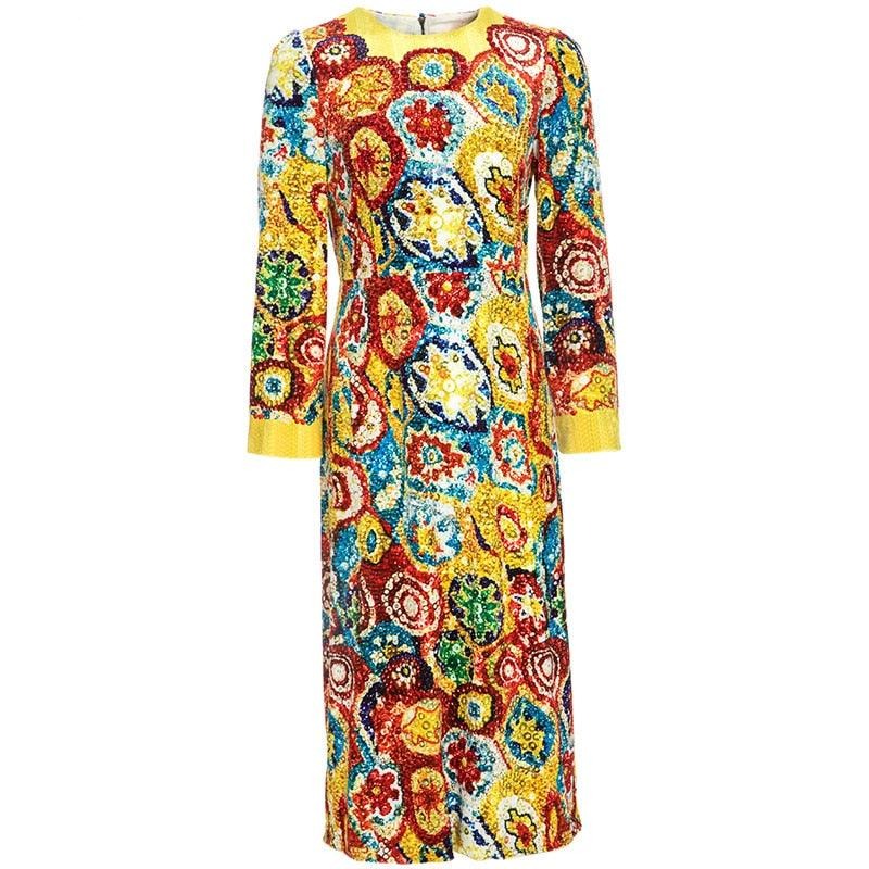 Vintage Long Sleeve Luxury Crystal Beaded Colorful Totem Print Midi Dress - TeresaCollections