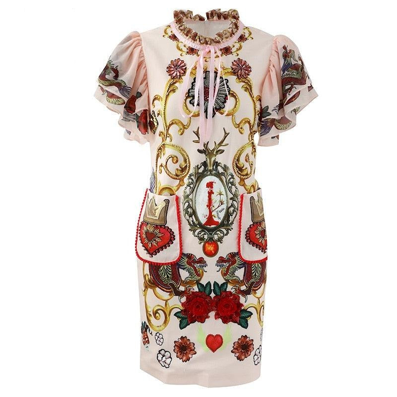 Summer Elegant Ruffles Sleeve Pocket Flower Beading Printed Vintage Dress - TeresaCollections