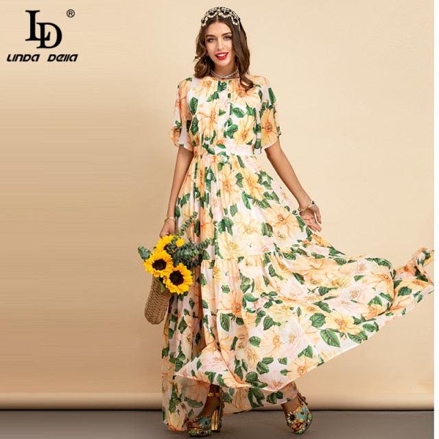 Yellow Chiffon Floral Print Elegant Boho Holiday Party Maxi Dress - TeresaCollections