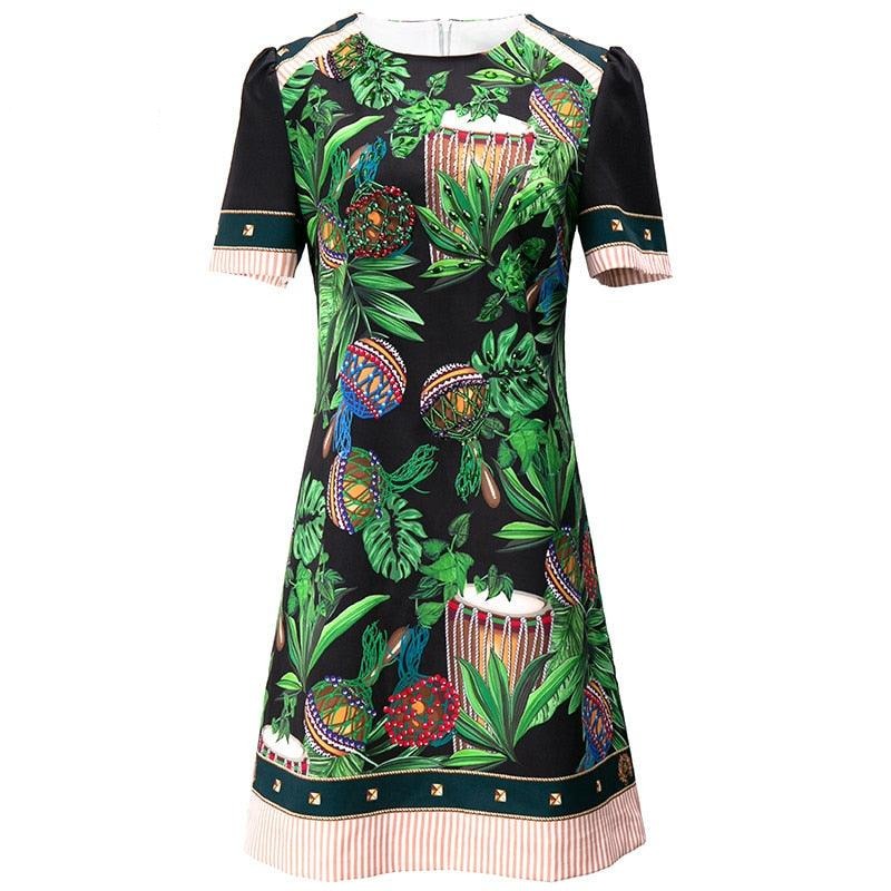 Green Short sleeve Luxury Diamonds Beading Floral print Vintage Mini Dress - TeresaCollections