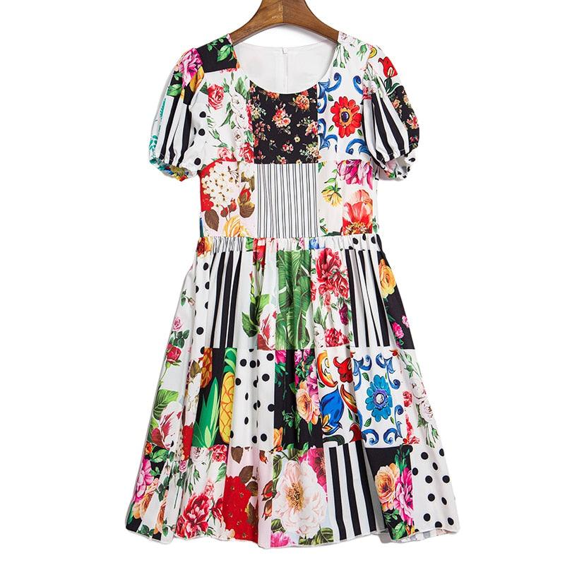 Elegant Puff sleeve Vintage Color Flower Print Mini Dress - TeresaCollections