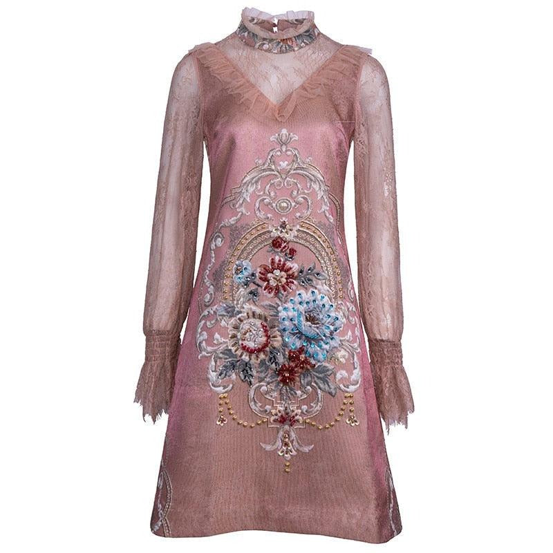 Pink Jacquard Vintage Long sleeve Gorgeous Beading Floral  Mini Dress - TeresaCollections