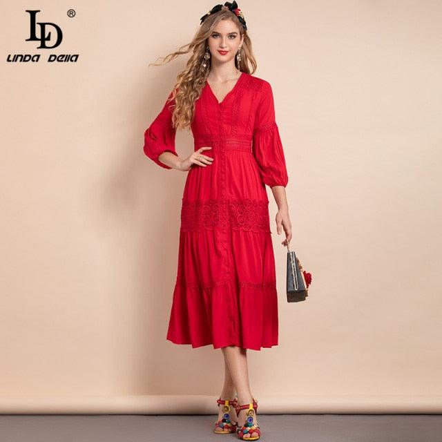 Red Lantern Sleeve Single-breasted Hollow Embroidered A-Line Midi Dress - TeresaCollections