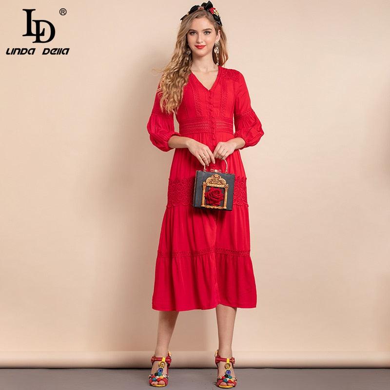 Red Lantern Sleeve Single-breasted Hollow Embroidered A-Line Midi Dress - TeresaCollections