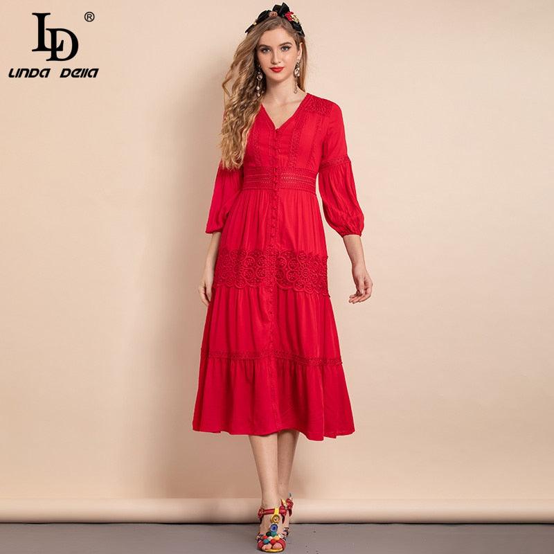 Red Lantern Sleeve Single-breasted Hollow Embroidered A-Line Midi Dress - TeresaCollections