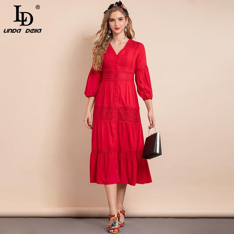 Red Lantern Sleeve Single-breasted Hollow Embroidered A-Line Midi Dress - TeresaCollections