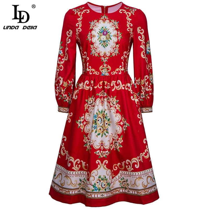 Red Midi Dress Women Three Quarter Sleeve Bead Floral print Elegant Party Dress - TeresaCollections