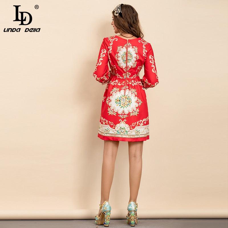 Red Midi Dress Women Three Quarter Sleeve Bead Floral print Elegant Party Dress - TeresaCollections