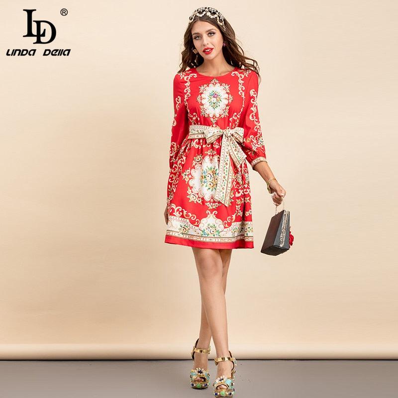 Red Midi Dress Women Three Quarter Sleeve Bead Floral print Elegant Party Dress - TeresaCollections