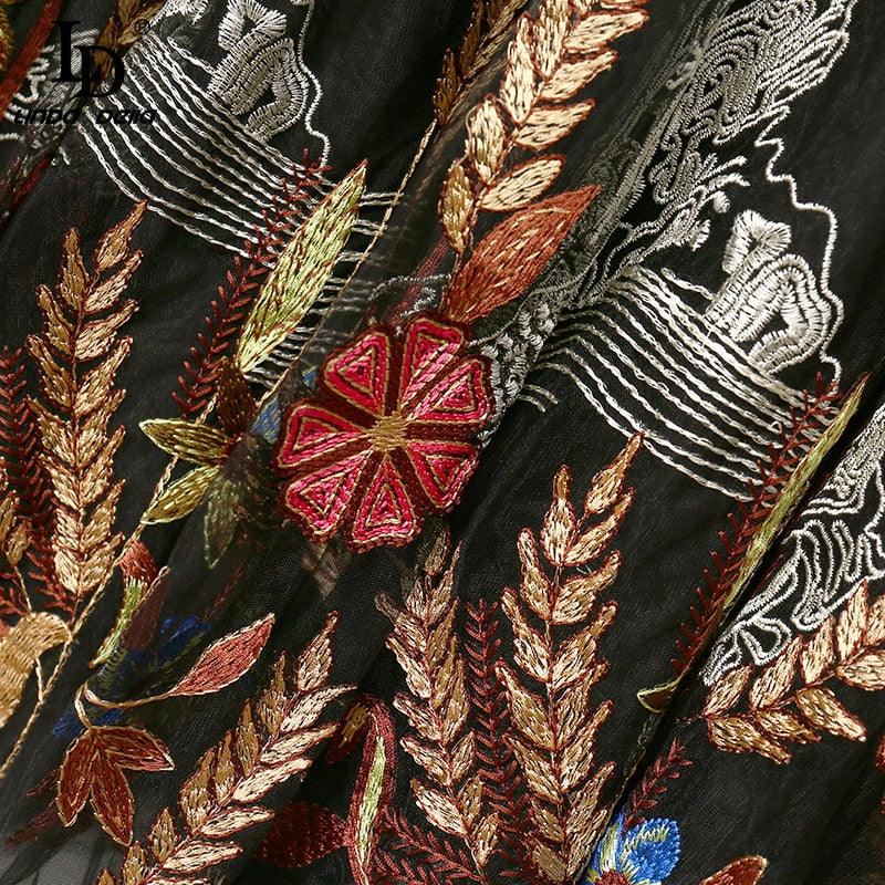 Black Embroidered V-neck Lantern Sleeve Mesh Vintage Dress - TeresaCollections