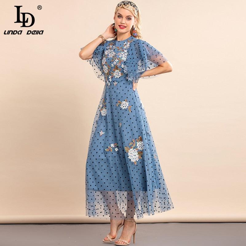 Summer Vintage Butterfly Sleeve Embroidered Polkadot Blue Mesh Long Dress - TeresaCollections