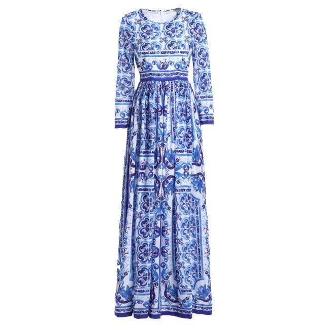 Blue and  white Long Sleeve Vintage Casual Chiffon Printed Long Dress - TeresaCollections
