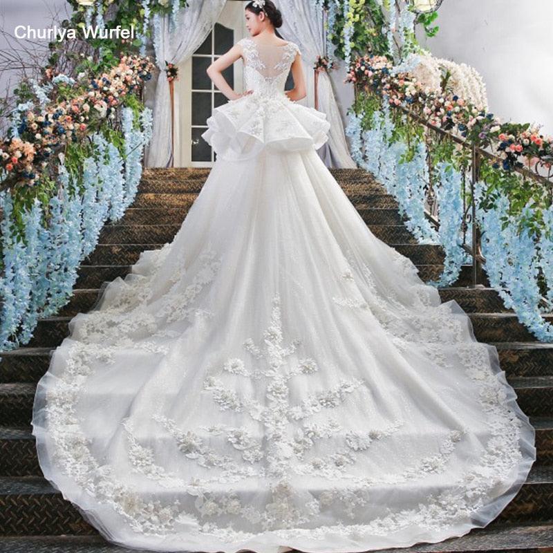 White Cathedral Royal Train Mermaid Wedding Dress - TeresaCollections