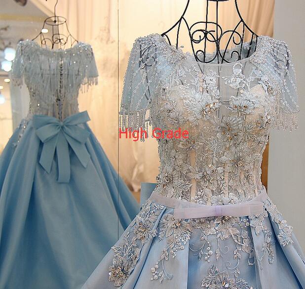 Light Blue Beaded Crystals Tassel A line Satin Long Evening Formal Dress - TeresaCollections