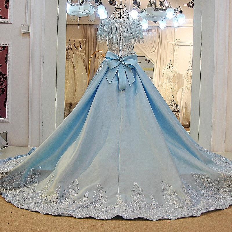 Light Blue Beaded Crystals Tassel A line Satin Long Evening Formal Dress - TeresaCollections