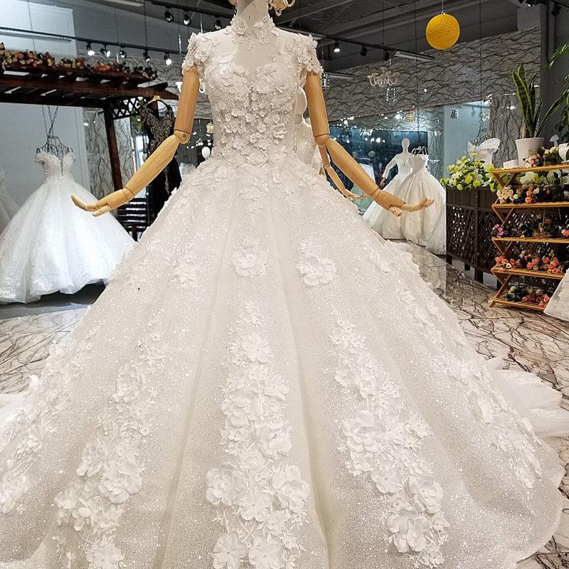 Shiny Petal Flowers High Neck Short Sleeves Elegant Wedding Dress - TeresaCollections