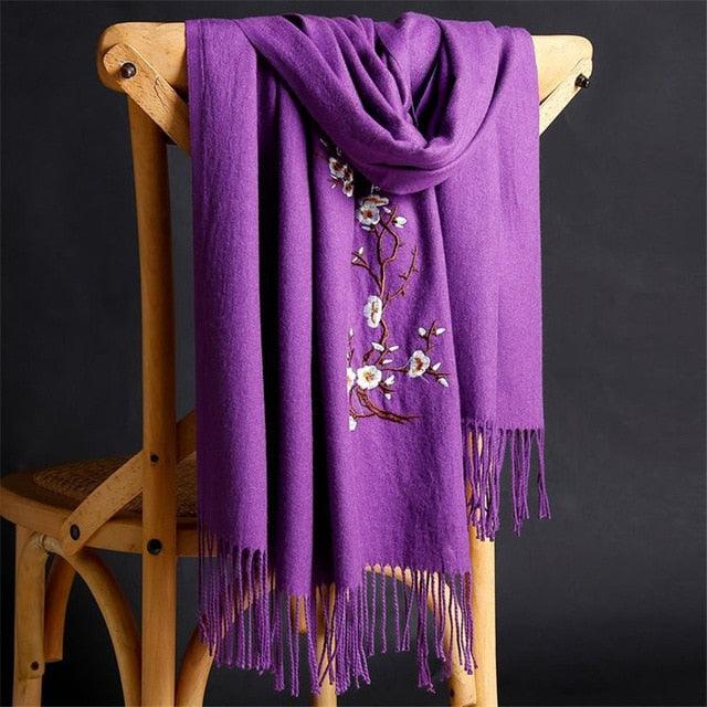 Soft Wool Pashmina Shawls Flower Embroidery Cashmere Scarf - TeresaCollections