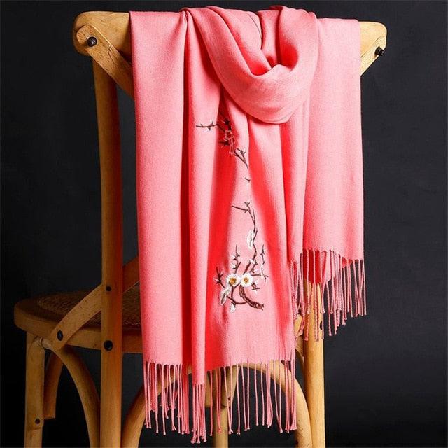 Soft Wool Pashmina Shawls Flower Embroidery Cashmere Scarf - TeresaCollections