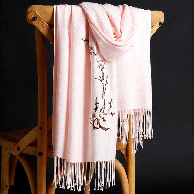 Soft Wool Pashmina Shawls Flower Embroidery Cashmere Scarf - TeresaCollections