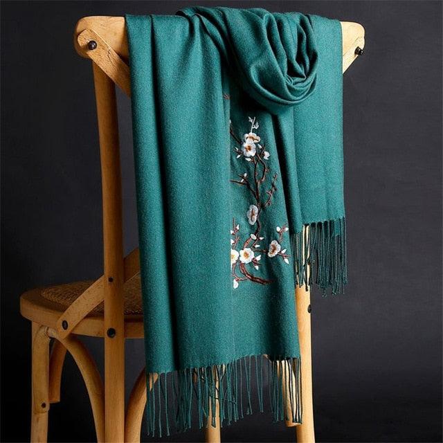 Soft Wool Pashmina Shawls Flower Embroidery Cashmere Scarf - TeresaCollections