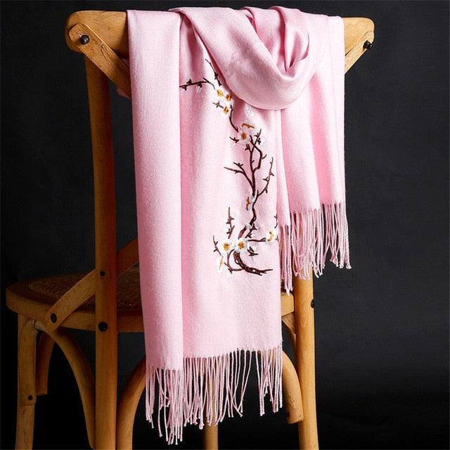 Soft Wool Pashmina Shawls Flower Embroidery Cashmere Scarf - TeresaCollections