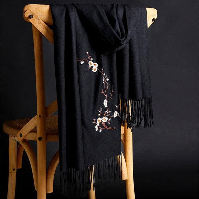 Soft Wool Pashmina Shawls Flower Embroidery Cashmere Scarf - TeresaCollections