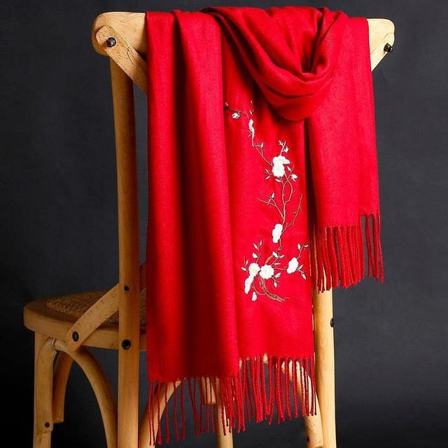 Soft Wool Pashmina Shawls Flower Embroidery Cashmere Scarf - TeresaCollections