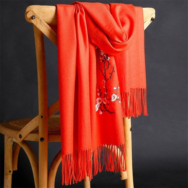 Soft Wool Pashmina Shawls Flower Embroidery Cashmere Scarf - TeresaCollections