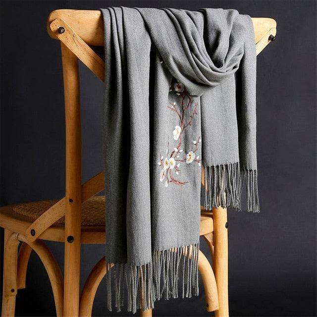 Soft Wool Pashmina Shawls Flower Embroidery Cashmere Scarf - TeresaCollections