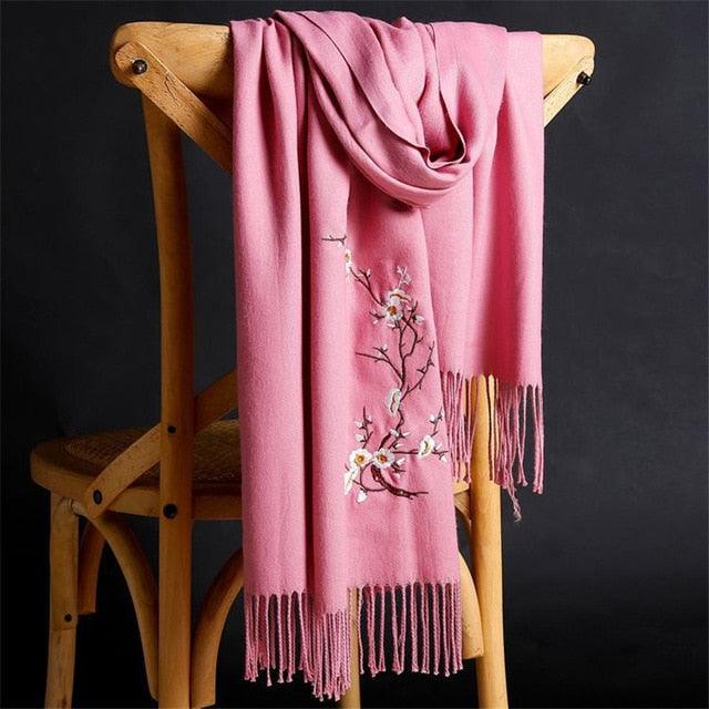 Soft Wool Pashmina Shawls Flower Embroidery Cashmere Scarf - TeresaCollections