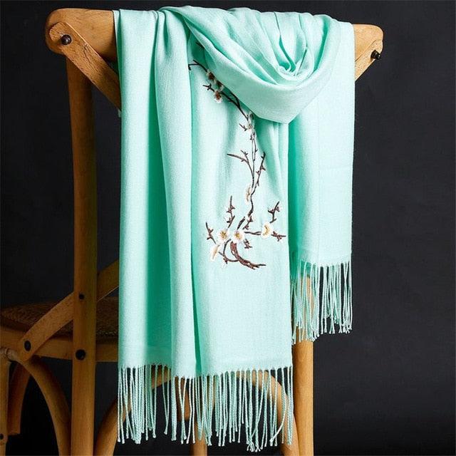 Soft Wool Pashmina Shawls Flower Embroidery Cashmere Scarf - TeresaCollections