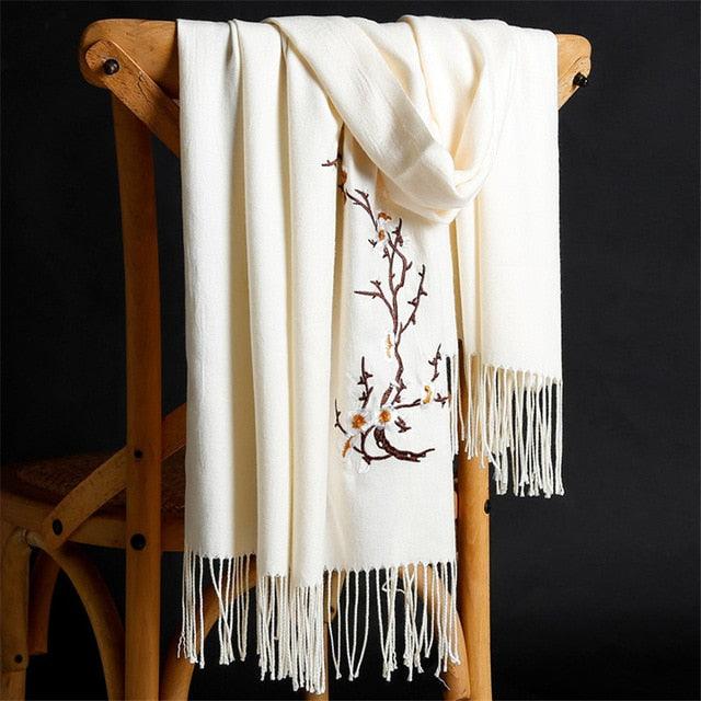 Soft Wool Pashmina Shawls Flower Embroidery Cashmere Scarf - TeresaCollections