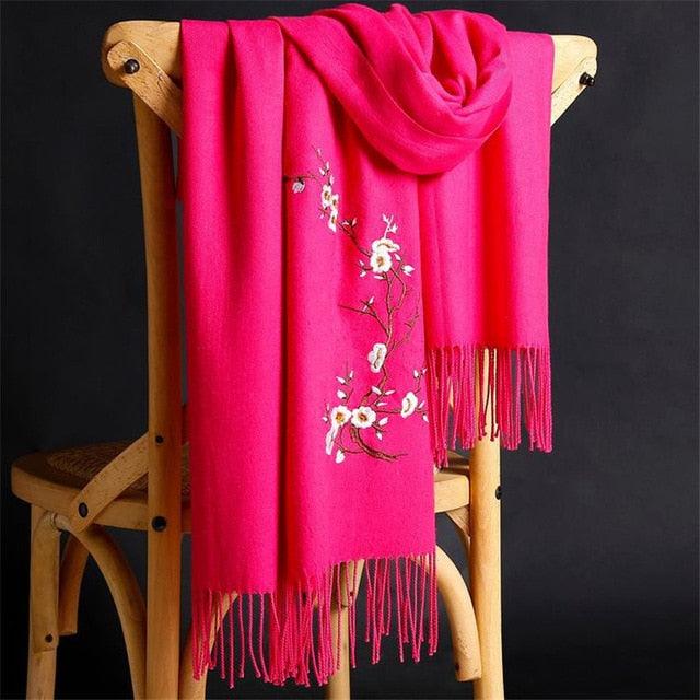 Soft Wool Pashmina Shawls Flower Embroidery Cashmere Scarf - TeresaCollections