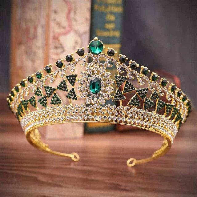 Large Baroque Vintage Green Royal Blue Crystal Queen Crown - TeresaCollections