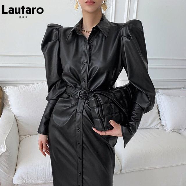 Black Faux Leather Belt Puff Long Sleeve Button Down Elegant Luxury Stylish Maxi Dress - TeresaCollections