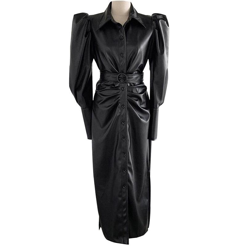 Black Faux Leather Belt Puff Long Sleeve Button Down Elegant Luxury Stylish Maxi Dress - TeresaCollections