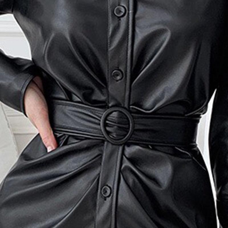 Black Faux Leather Belt Puff Long Sleeve Button Down Elegant Luxury Stylish Maxi Dress - TeresaCollections