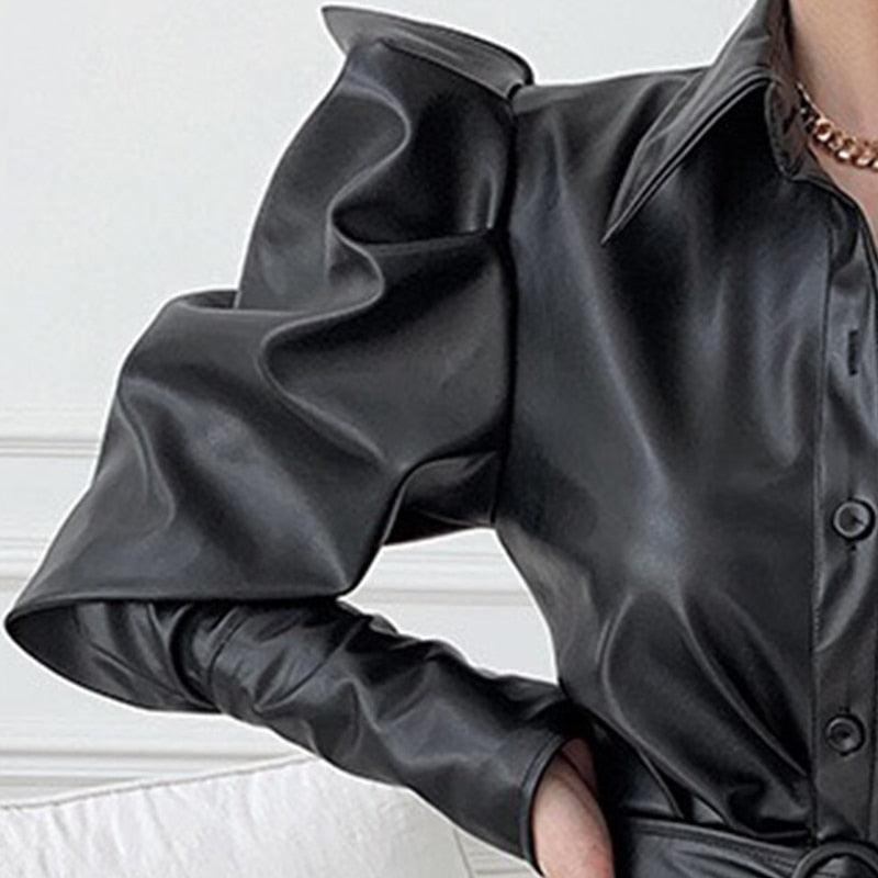 Black Faux Leather Belt Puff Long Sleeve Button Down Elegant Luxury Stylish Maxi Dress - TeresaCollections