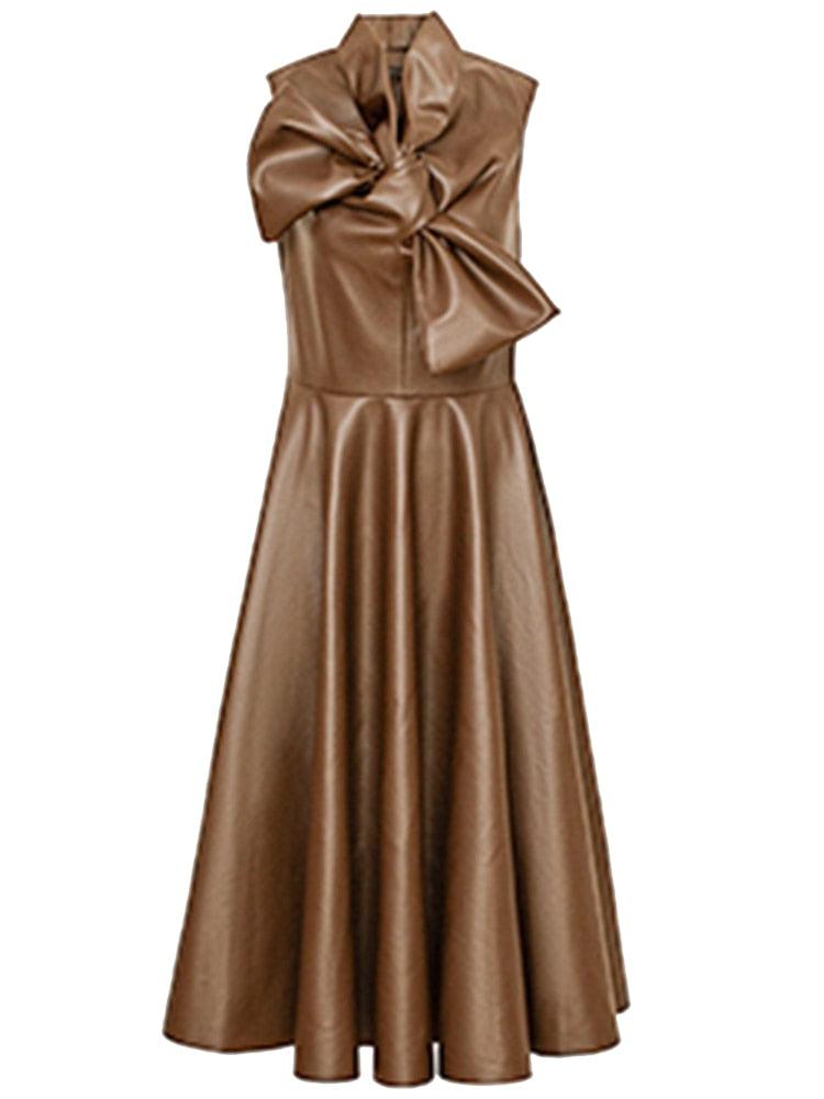Brown Fit and Flare Midi Leather Dress Women Bow Tie Dress - TeresaCollections