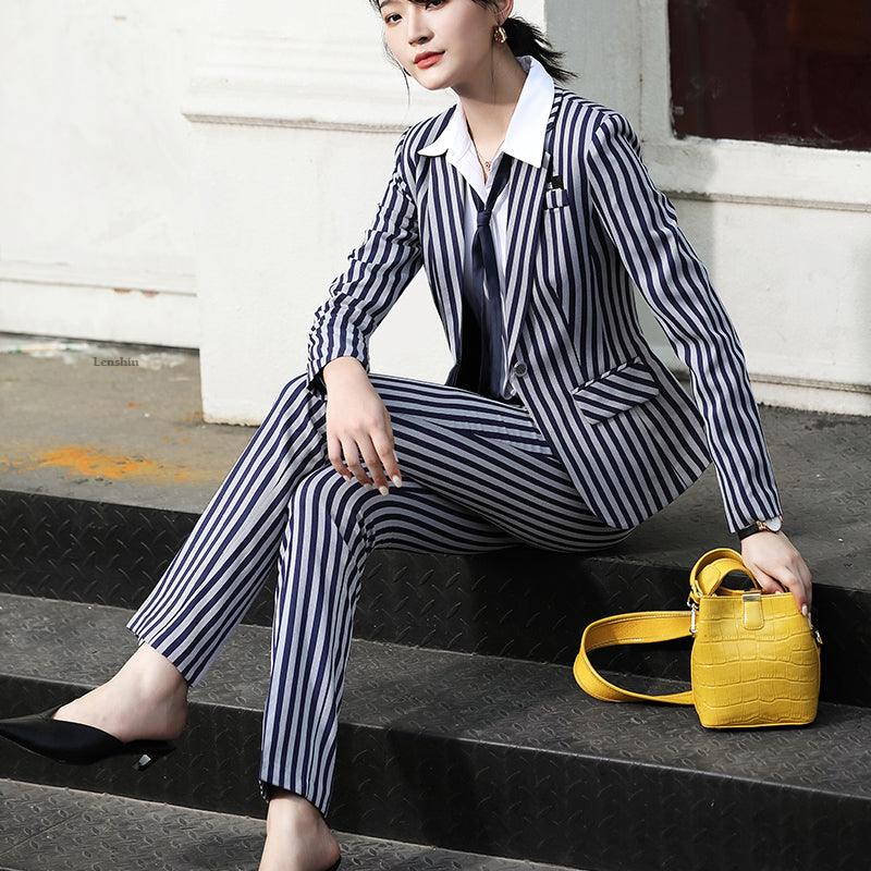 Striped Two-piece Set Blazer Pants Suits - TeresaCollections