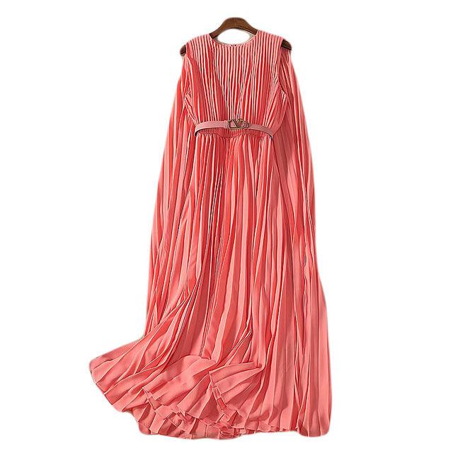 Vintage Elegant Pleated Linen Fashion Cape Maxi Dress - TeresaCollections