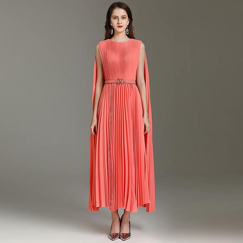 Vintage Elegant Pleated Linen Fashion Cape Maxi Dress - TeresaCollections