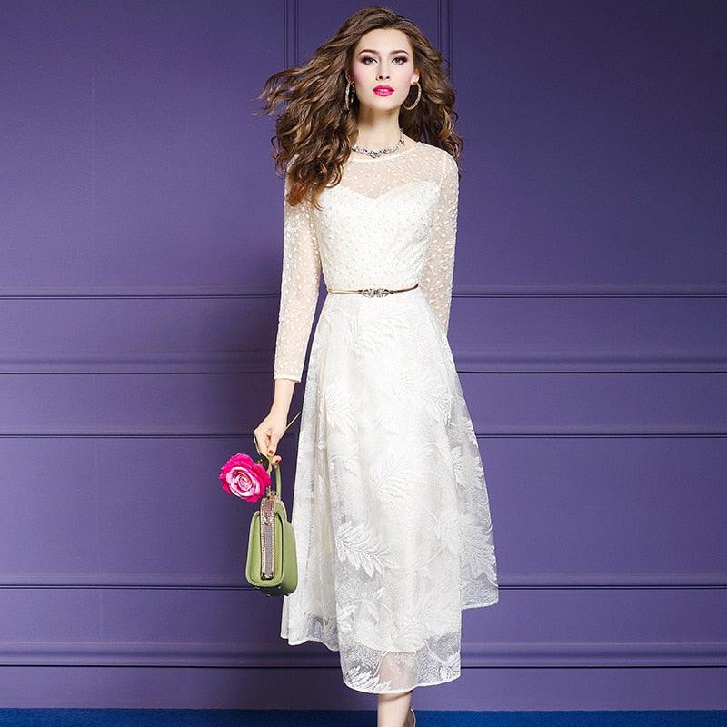White Fit and Fare Embroidery Dress With Belt - TeresaCollections