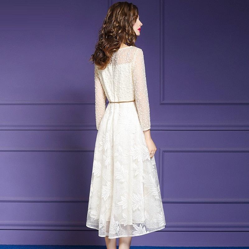 White Fit and Fare Embroidery Dress With Belt - TeresaCollections