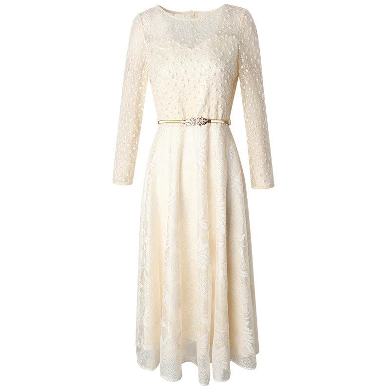 White Fit and Fare Embroidery Dress With Belt - TeresaCollections