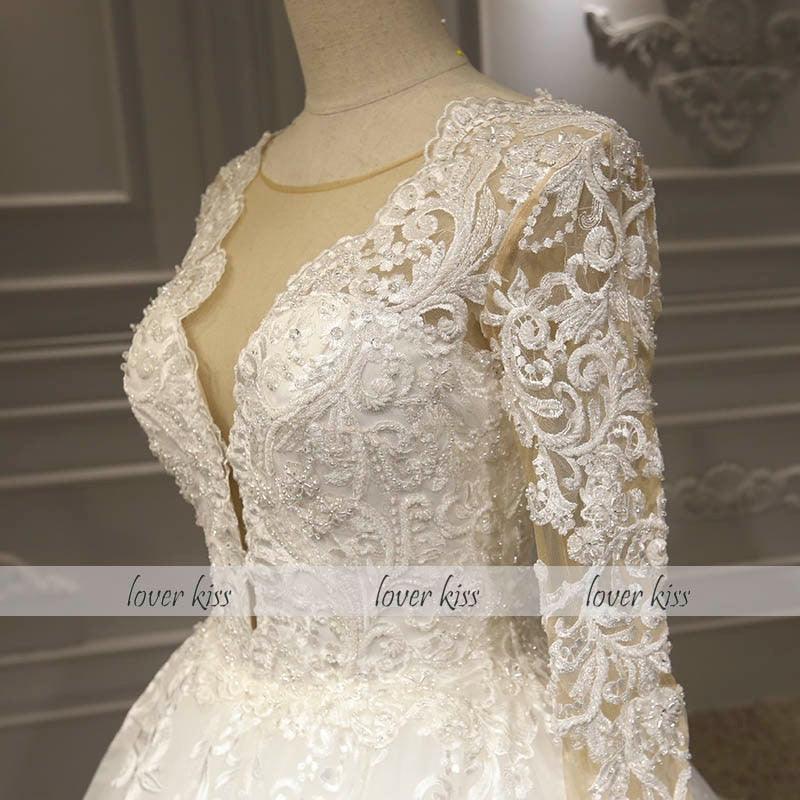 Princess Sheer V Neck Lace Long Sleeve Wedding Dress Bridal Gowns - TeresaCollections