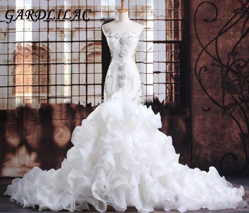 Luxurious Crystals Beaded Organza White Mermaid Wedding Dress - TeresaCollections