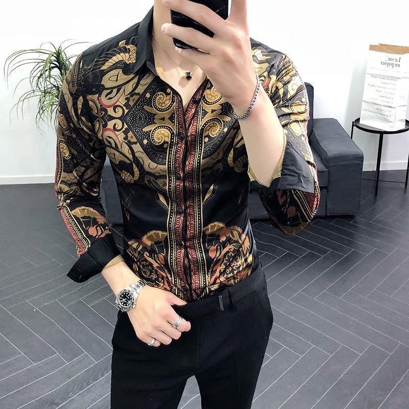Luxury Gold Black  Slim Fit Long Sleeve Casual Shirt - TeresaCollections