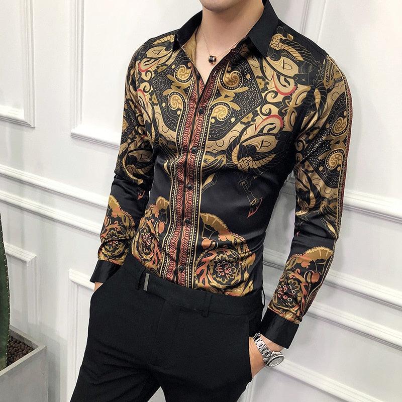 Luxury Gold Black  Slim Fit Long Sleeve Casual Shirt - TeresaCollections