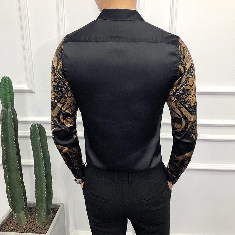 Luxury Gold Black  Slim Fit Long Sleeve Casual Shirt - TeresaCollections